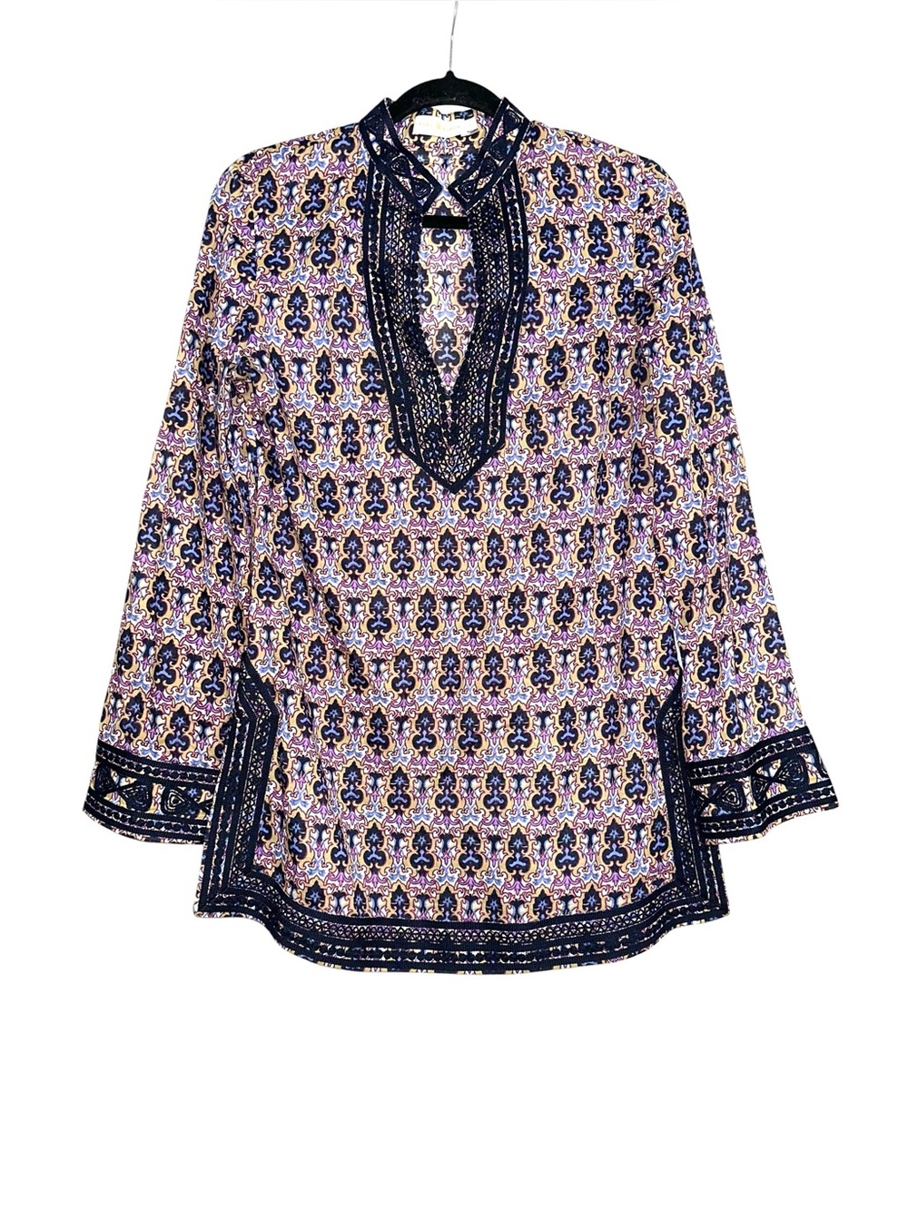 Tory Burch Cotton Patterned Long Sleeve Navy Purple Tunic Top 6